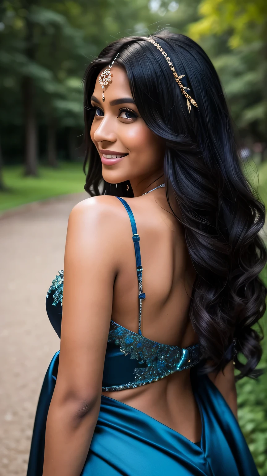 Realistic full body photo of smiling black haired Indian woman with long hair, She dances in front of the camera in a long A-line dress with straps made of shiny blue satin., Park,glamour fotoshooting, Wedding celebration, perfect anatomy, perfect brown eyes. Perfect hands with 5 fingers on each hand, Matching girl, look into the camera, 1 Frau. (Eye make up:1.1), (highly detailed skin:1.1), spirit, analog style, keen focus, 8K  UHD, dslr, good quality, Fujifilm XT3, Grain, Award-winning, ​masterpiece. Wedding celebration. She stands in the park and looks over her shoulder into the camera. back