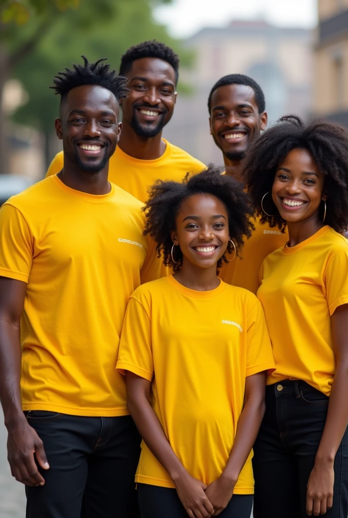 Une photo de famille de plusieurs agents de livraison africains très souriants, habillés en T-shirts jaune et pantalon noir.