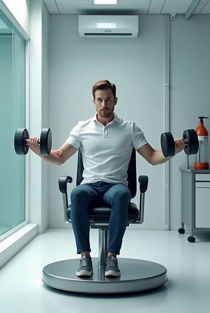 Create an image of the setup used in the angular motion conservation experiment which consists of a rotating chair., A person sits on this chair while holding two dumbbells at first, these are in each hand against his chest and then stretches his arms
