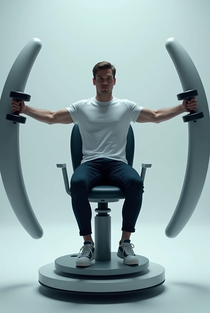 Create an image of the setup used in the angular motion conservation experiment which consists of a rotating chair., A person sits on this chair while holding two dumbbells at first, these are in each hand against his chest and then stretches his arms