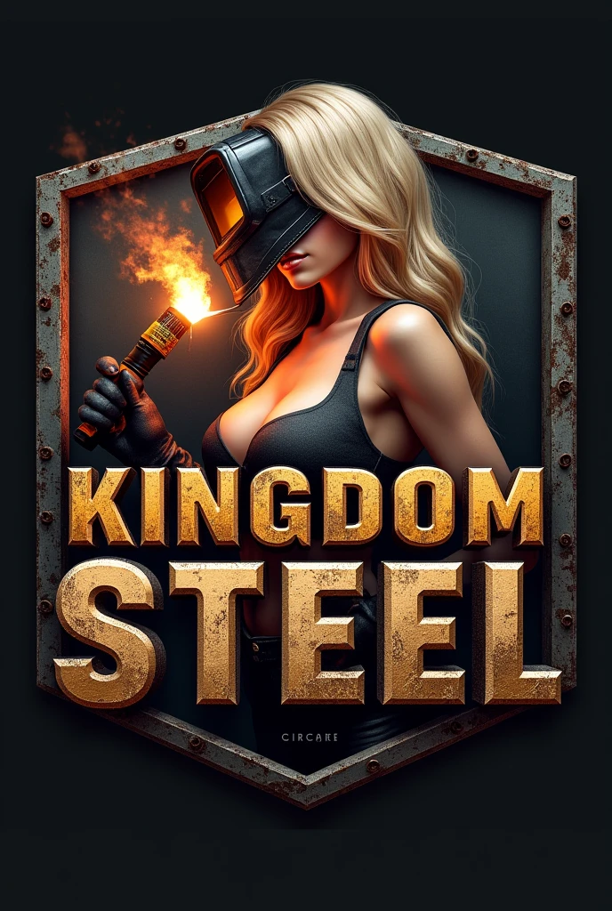 Make a large logo written kingdom steel, with a y blonde female figure holding a welding torch and wearing a welding mask, highlighting her bred realism, leaving the Kingdom Steel logo very clear and large