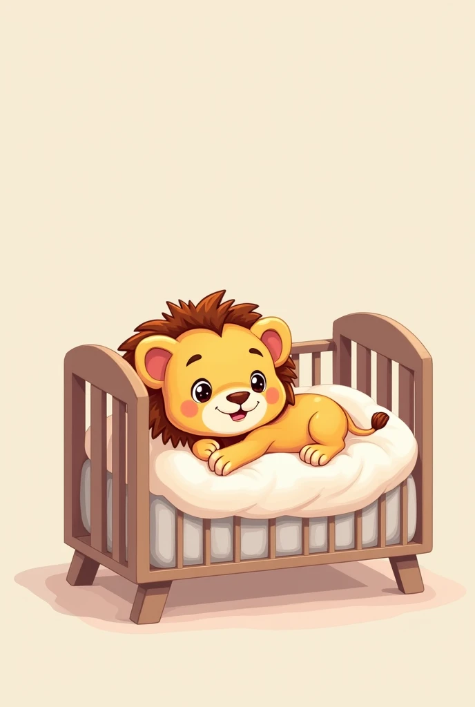 Pastel colored cartoon of a smiling lion cub inside a crib 