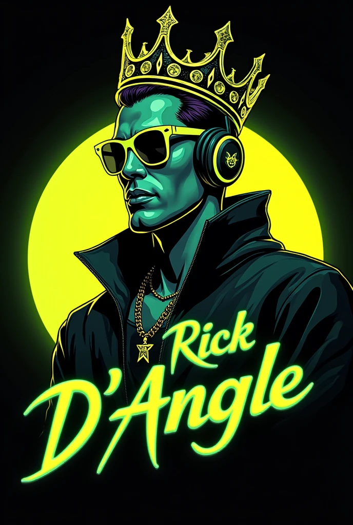 vector  rounded logo of a king-vampyre with a fashionist crown male dj with a high fashion wearing , add neon rayban, add barb, add green headphones, 2048k, octane render, use only next colors: black , yellow , black on the image, high contrast and vivid cinematic colors add next rounded text ¨Rick D´Angle¨ in a green neon letter, ready to be printed in a tshirt