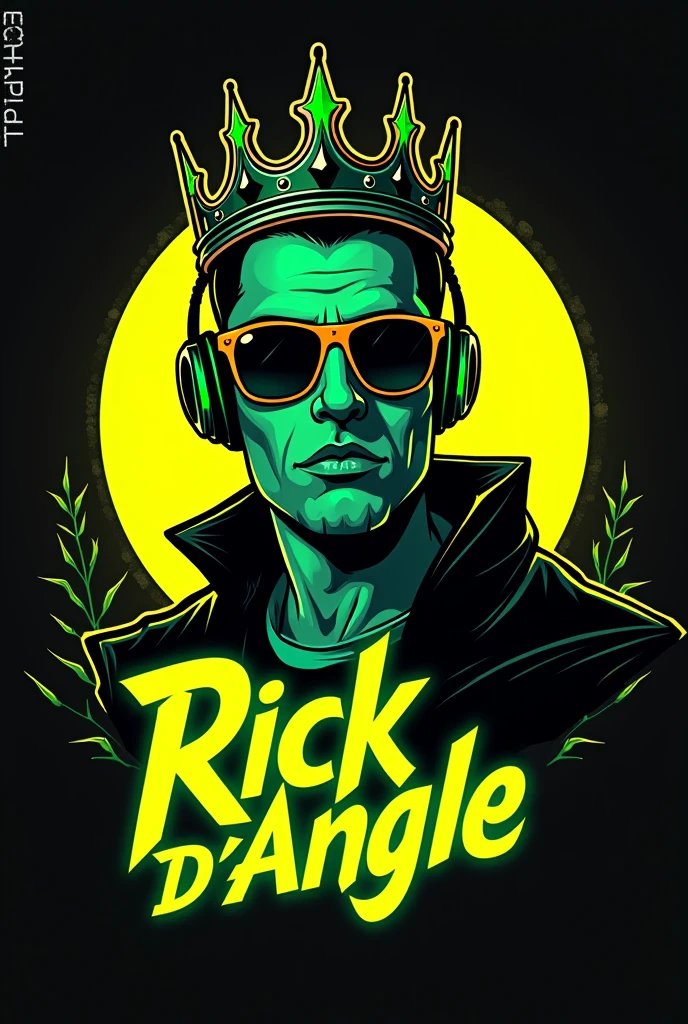 vector  rounded logo of a king-vampyre with a fashionist crown male dj with a high fashion wearing , add neon rayban, add barb, add green headphones, 2048k, octane render, use only next colors: black , yellow , black on the image, high contrast and vivid cinematic colors add next rounded text ¨Rick D´Angle¨ in a green neon letter, ready to be printed in a tshirt
