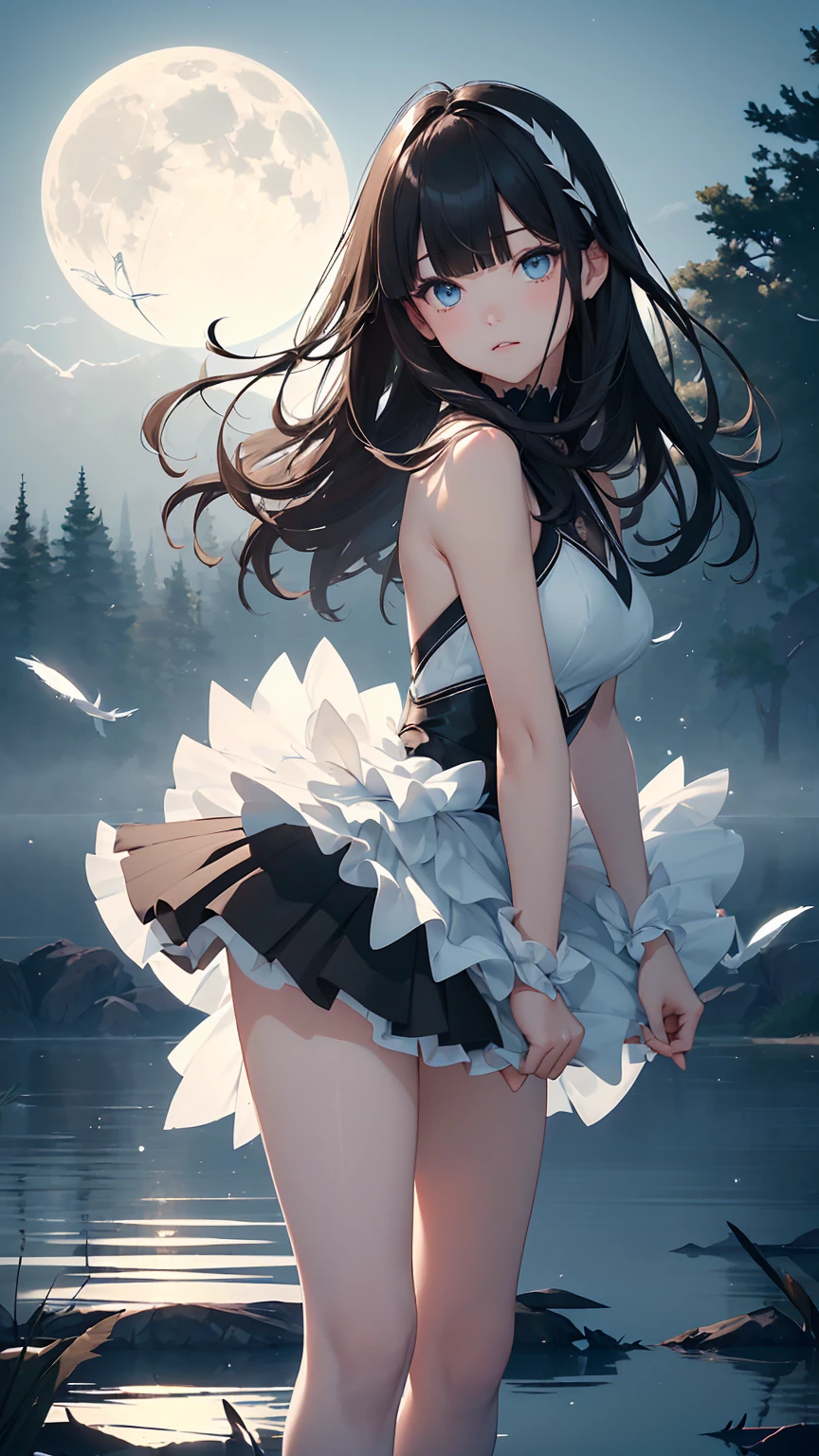 Highest quality, flying debris、Beautiful woman、Black Hair、(Dark blue eyes、Blunt bangs、Blunt bangs)、short hair,Full Body Shot、((Black and blue theme))、Big Breasts 、(Ballet Dancer、Tutu skirt:1.2)、(Brown Hair、Brown eyes)、Long Hair、Magazine Style,Full Body Shot、The lake of swan、break(Gorgeous white and light blue ballet dress:1.2)、break((The lake of swan:1.2))、((night、full moon、The fog is thick.:1.2)),((Standing on the surface of the water,Dancing in the middle of the lake:1.2))、BREAK((feathers scatter:1.2))BREAK((Screen is dark:1.2))、((Dark theme、Darkness Aura:1.3))