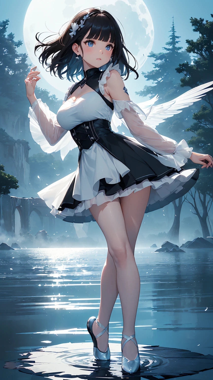 Highest quality, flying debris、Beautiful woman、Black Hair、(Dark blue eyes、Blunt bangs、Blunt bangs)、short hair,Full Body Shot、((Black and blue theme))、Big Breasts 、(Ballet Dancer、Tutu skirt:1.2)、(Brown Hair、Brown eyes)、Long Hair、Magazine Style,Full Body Shot、The lake of swan、break(Gorgeous white and light blue ballet dress:1.2)、break((The lake of swan:1.2))、((night、full moon、The fog is thick.:1.2)),((Standing on the surface of the water,Dancing in the middle of the lake:1.2))、BREAK((feathers scatter:1.2))BREAK((Screen is dark:1.2))、((Dark theme、Darkness Aura:1.3))