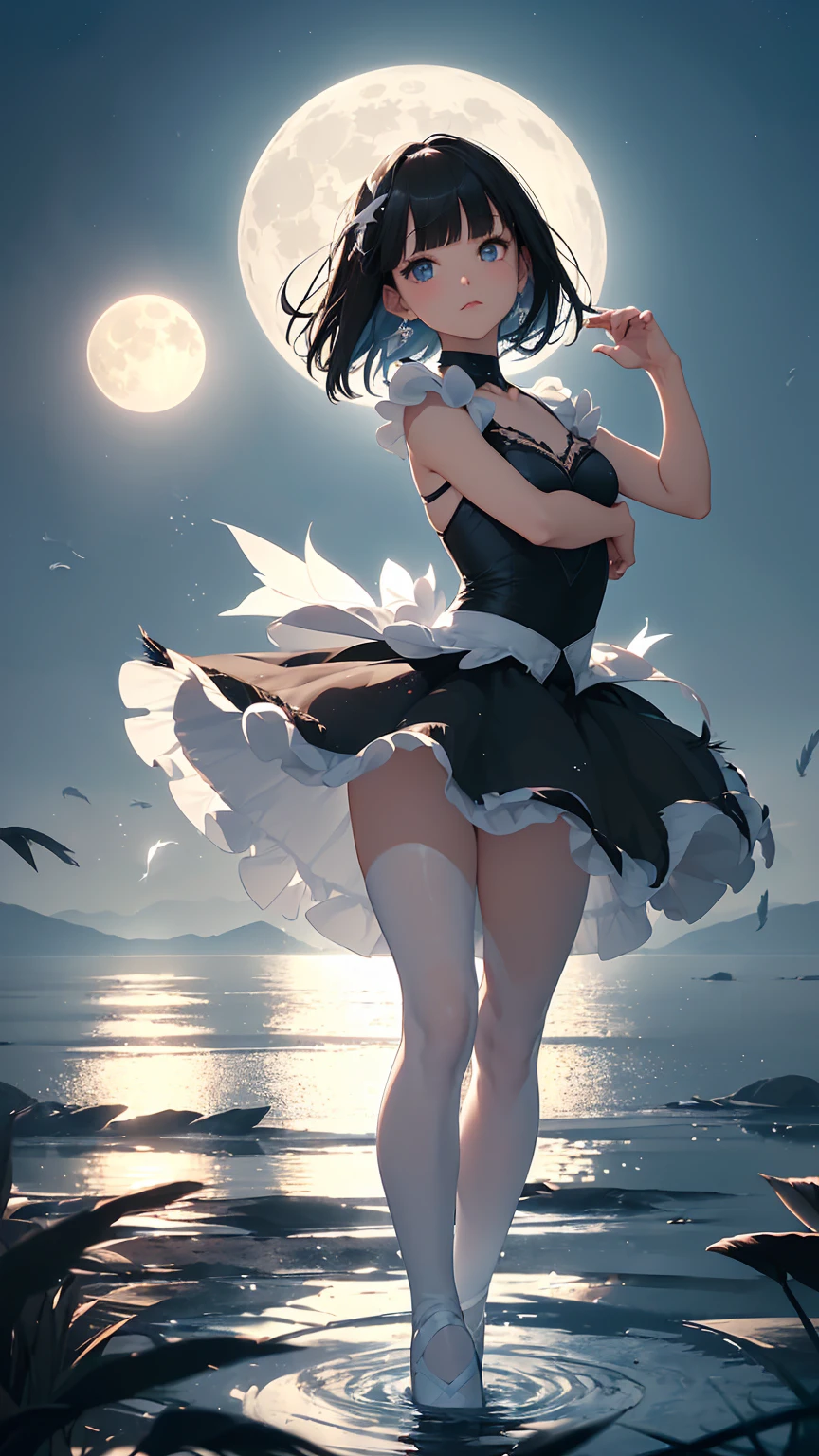 Highest quality, flying debris、Beautiful woman、Black Hair、(Dark blue eyes、Blunt bangs、Blunt bangs)、short hair,Full Body Shot、((Black and blue theme))、Big Breasts 、(Ballet Dancer、Tutu skirt:1.2)、(Brown Hair、Brown eyes)、Long Hair、Magazine Style,Full Body Shot、The lake of swan、break(Gorgeous white and light blue ballet dress:1.2)、break((The lake of swan:1.2))、((night、full moon、The fog is thick.:1.2)),((Standing on the surface of the water,Dancing in the middle of the lake:1.2))、BREAK((feathers scatter:1.2))BREAK((Screen is dark:1.2))、((Dark theme、Darkness Aura:1.3))