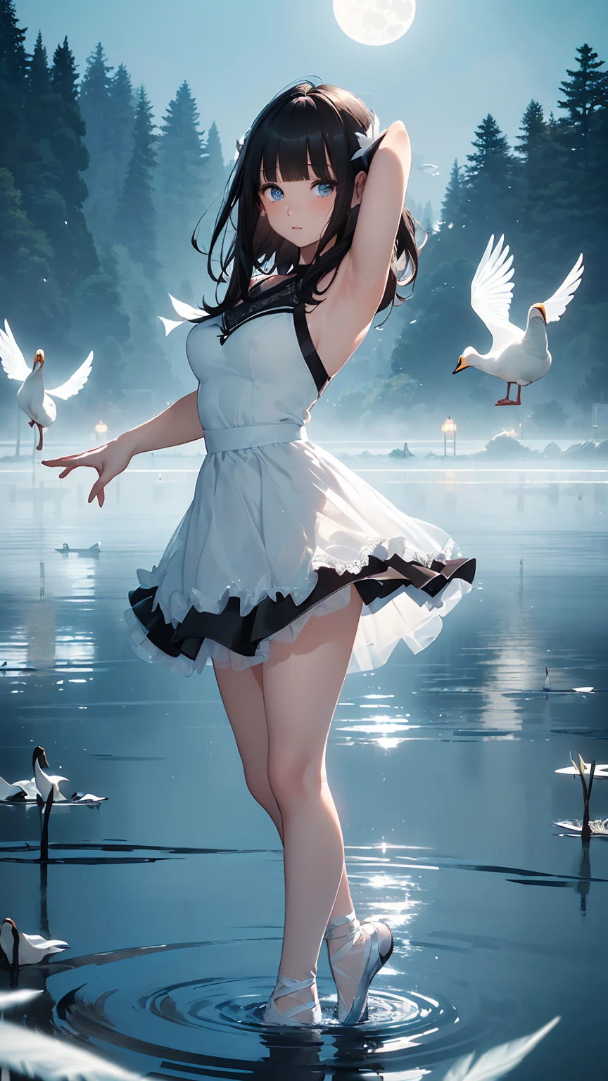 Highest quality, flying debris、Beautiful woman、Black Hair、(Dark blue eyes、Blunt bangs、Blunt bangs)、short hair,Full Body Shot、((Black and blue theme))、Big Breasts 、(Ballet Dancer、Tutu skirt:1.2)、(Brown Hair、Brown eyes)、Long Hair、Magazine Style,Full Body Shot、The lake of swan、break(Gorgeous white and light blue ballet dress:1.2)、break((The lake of swan:1.2))、((night、full moon、The fog is thick.:1.2)),((Standing on the surface of the water,Dancing in the middle of the lake:1.2))、BREAK((feathers scatter:1.2))BREAK((Screen is dark:1.2))、((Dark theme、Darkness Aura:1.3))