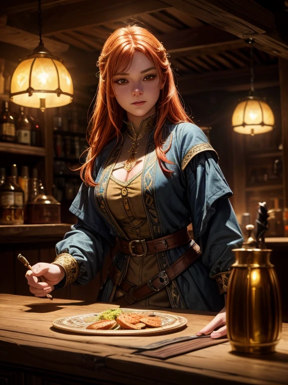 young ginger woman, medieval tale tavern, intricately detailed colorful interior, detailed intense sunrise lightning, best geometry, award wining masterpiece, ultra intricate shadows and lighting, best lighting, best shadows, intricate busy setting, trending on art station, global illumination, selfilluminated, bioluminescence, midjorney style, art by Albert Bierstadt
