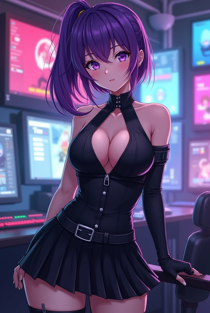 Gamer girl, anime girl, Komi Shouko, ((big breasts:1.1)), embarrassing, looking at the camera, ((medium hair, hair between eyes, side ponytail)), (purple eyes:1.1), purple hair, skirt, gloves, dress, bare shoulders, pleated skirt, sleeveless, black gloves, elbow gloves, belt, miniskirt, black skirt, black footwear, (black dress:1.5), thigh strap, sleeveless dress, halterneck, armband, single glove, black belt, pleated dress, arm strap, in a room with gamer computers, cyberpunk, perfect lighting, HDR, ultra resolution , very detailed, masterpiece, ultra quality, 4K HD, NSFW,