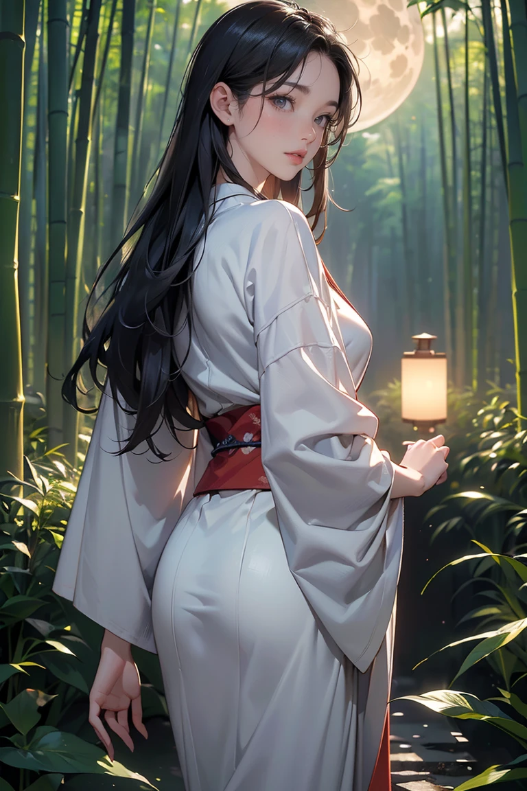 bamboo forest, ((masterpiece, of the highest quality, Maximum image quality, High resolution, photorealistic, raw photo, 8k, Extremely detailed 8k unified CG wallpaper)), A straight path through bamboo forests., Lanterns illuminating the ground, a full moon at midnight, and the back view of a woman dressed in a Japanese kimono standing in the middle of the road.,
