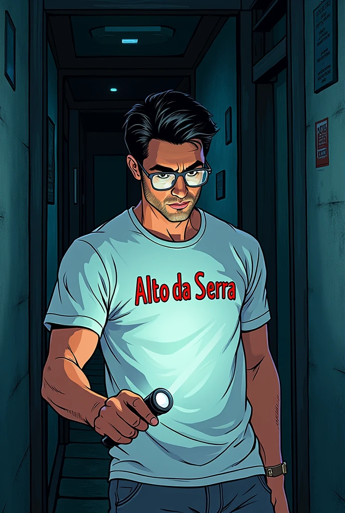 Comic book style image, man 2, black hair with honey brown eyes wearing glasses, slightly defined body a white shirt with Alto Da Serra written in red, holding a flashlight in his hand looking for something, de corpo inteiro, kind of dark academia style 
