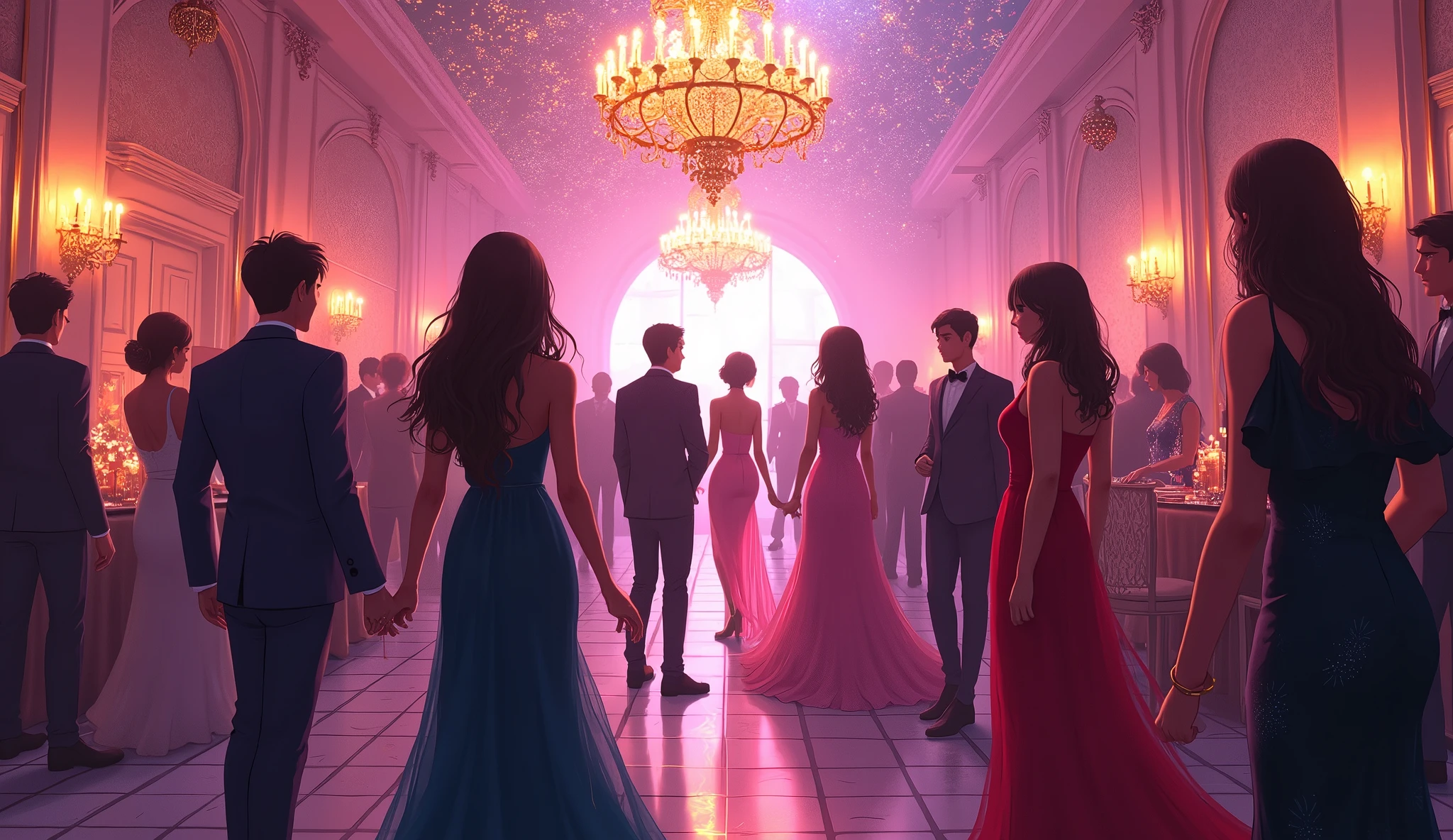 (anime-style hyperrealism:1.3), (semi-realistic anime:1.3), (hyper-detailed:1.4), (masterpiece:1.5), (best quality:1.4), (hyper-detailed anime:1.3), (anime style:1.3), (hyperrealism:1.2), (modern high-society party:1.2), (elegant ballroom:1.1), (soft focus background:0.9), (glamorous atmosphere:1.1), (vibrant colors:1.0), (detailed shading:1.1), (fine line art:1.0), (ambient lighting:1.0), (chandelier:0.8), (natural guests:1.0)
