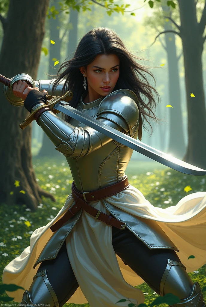 /imagine prompt: A digital painting of the same young female warrior in silver armor, now in a dynamic pose, swing with her sword. She is in the same serene forest setting, with tall ancient trees and soft light. The warrior's long black hair flows with her movement, her face showing determination. Background remains the same, with a subtle green glow and detailed foliage. Created Using: high-detail brushwork, Renaissance painting style, motion blur effects, warm color palette, realistic texture, dynamic lighting, high-resolution render --ar 2:3 --v 6.0