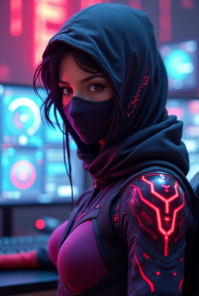  A gamer ninja in purple and red clothes