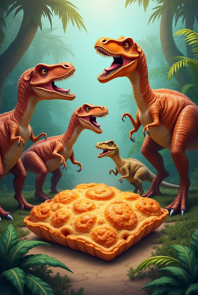 Group of Dinosaur holding a rectangular fried pastry