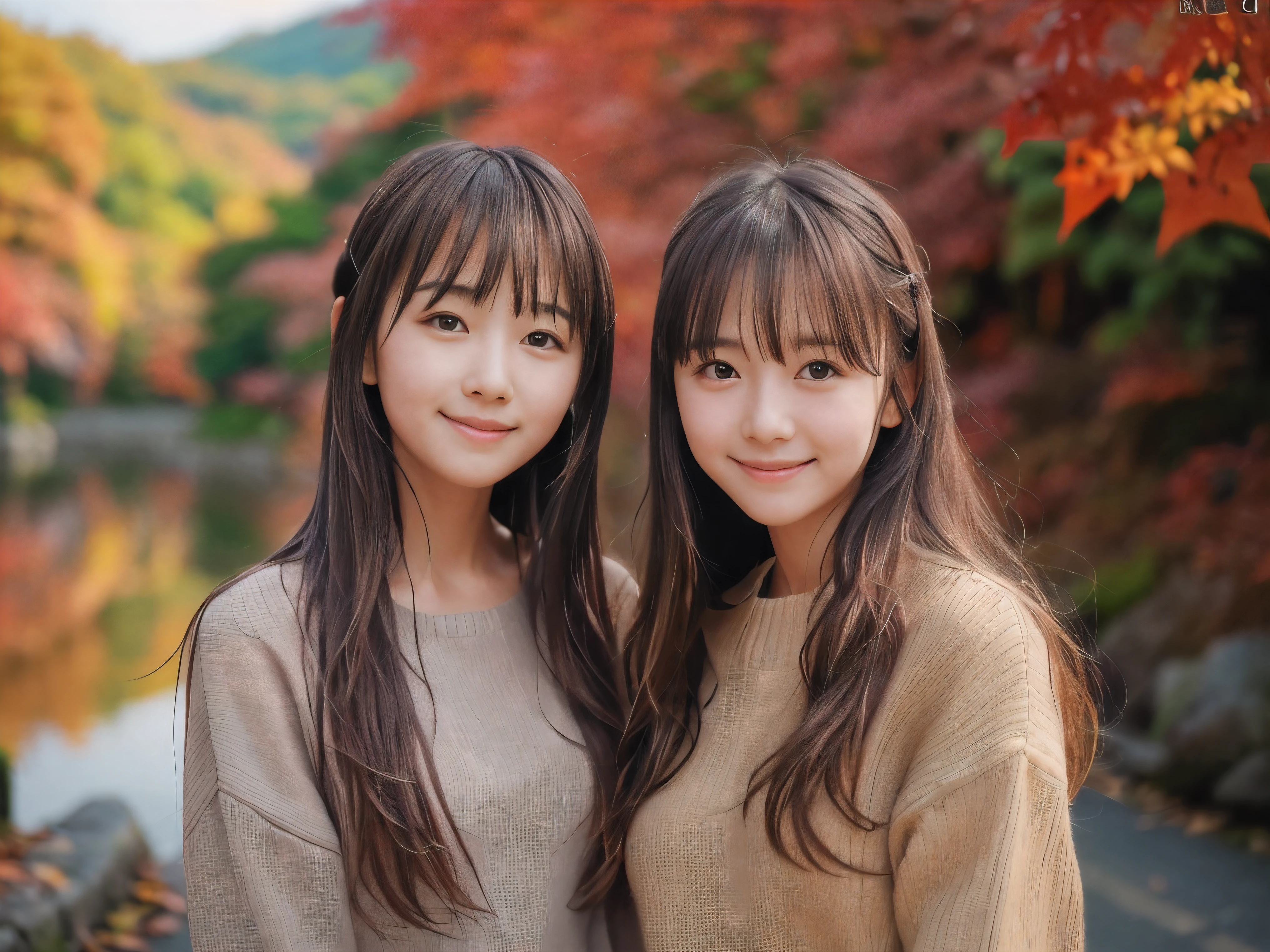 (Close up face shot of one slender small breasts half up brown long hair with bangs girl in a long sleeves shirt and sweater and skirt:1.5)、(One girl is dancing with happy smile on the dart road near the lake and big waterfall in Japan:1.5)、(Beautiful autumn red leaves landscpe:1.5)、(Natural light:1.5)、(8k ultra detailed master piece:1.5)、(perfect anatomy:1.5)、(Photorealistic stick:1.5)、(Raw photo:1.3)、(highest quality:1.5)、(High resolution:1.3)、(Delicate and beautiful perfect face:1.3)、(Delicate and beautiful eye air skin:1.3)、(Real Human Skin:1.3)、((thin legs))