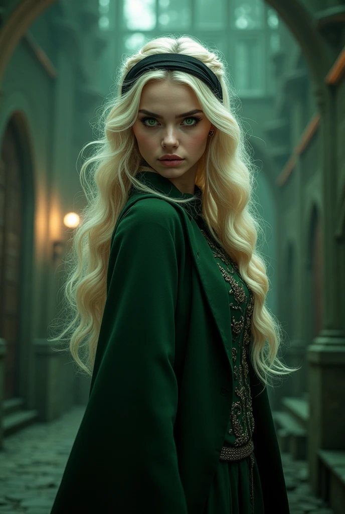 elle a une peau d'ivoire, des yeux verts émeraudes, un regard méchant, de longs cheveux blonds plates avec des boucles anglaises accessoirisé d'un serre tête noir, et elle porte un uniforme de serpentard