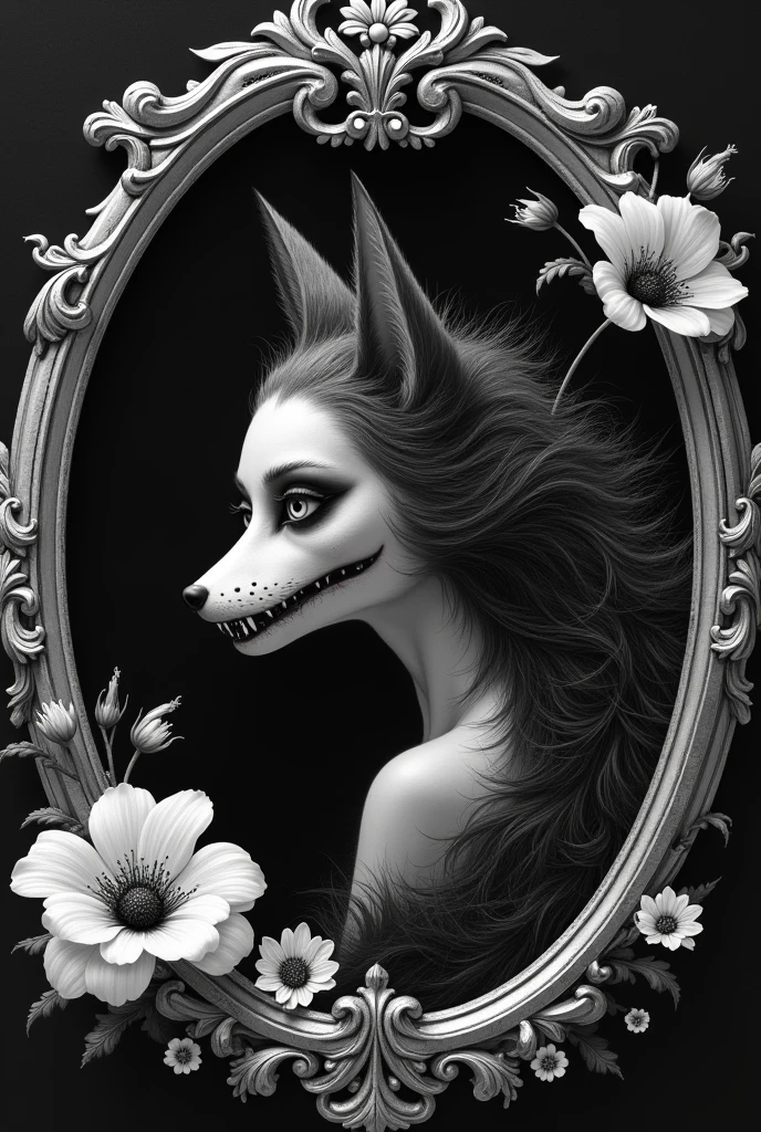 Profile of a Japanese fox inside an antique mirror frame, with oriental flowers of death around the entire frame. In black and white with macabre and sensual features