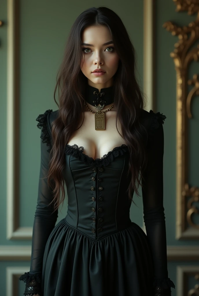 Dark brown hair, long victorian dress from 19th century, long gair, deep brown right eye, light green left eye, b cup boobs, slim body, woman, 1, 155cm tall, small ass, slim but round face, hairless body, freckless, full body, front, collar with nametag, collar with chain.