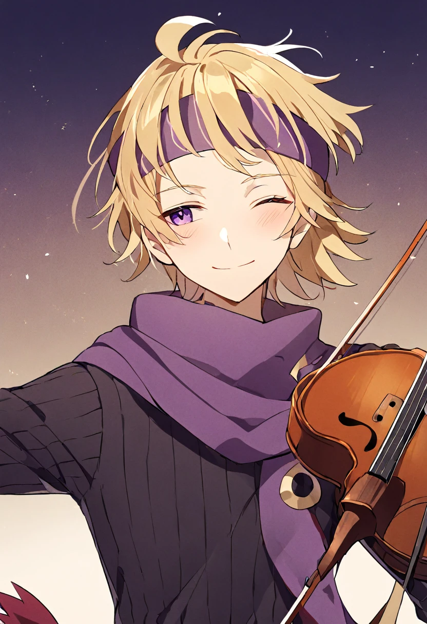 1boy, blonde hair, purple eyes, purple headband, purple scarf, black sweater, ribbed sweater, white pants, standing, eyes closed, soft smile, soft blush, headband,  violin, playing violin, hair blowing in wind, scarf blowing in wind, mouth closed, smiling, portrait, gradient background,