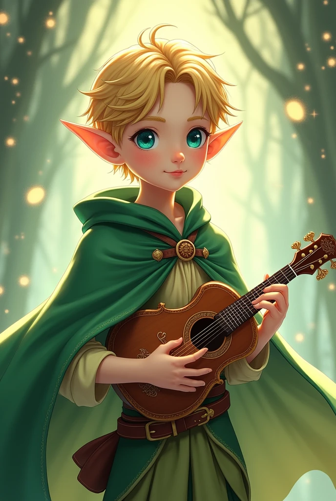 Short hair blonde elf with green cape. blue eyes. He has a mandolin, anime style