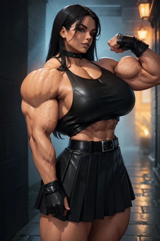 ((Close-up)), tall, (wet black hair) beautiful wet muscular woman, long straight har, light brown skinned, large breast, closed smile, (black lipstick), (massive muscles), (hyper muscle), ((ginormous bulky muscles)), orange eyes, (((black leather top))), (((black leather pleated skirt with belt))), (fingerless gloves), (flexing biceps), choker, boots, in a dark raining street, 