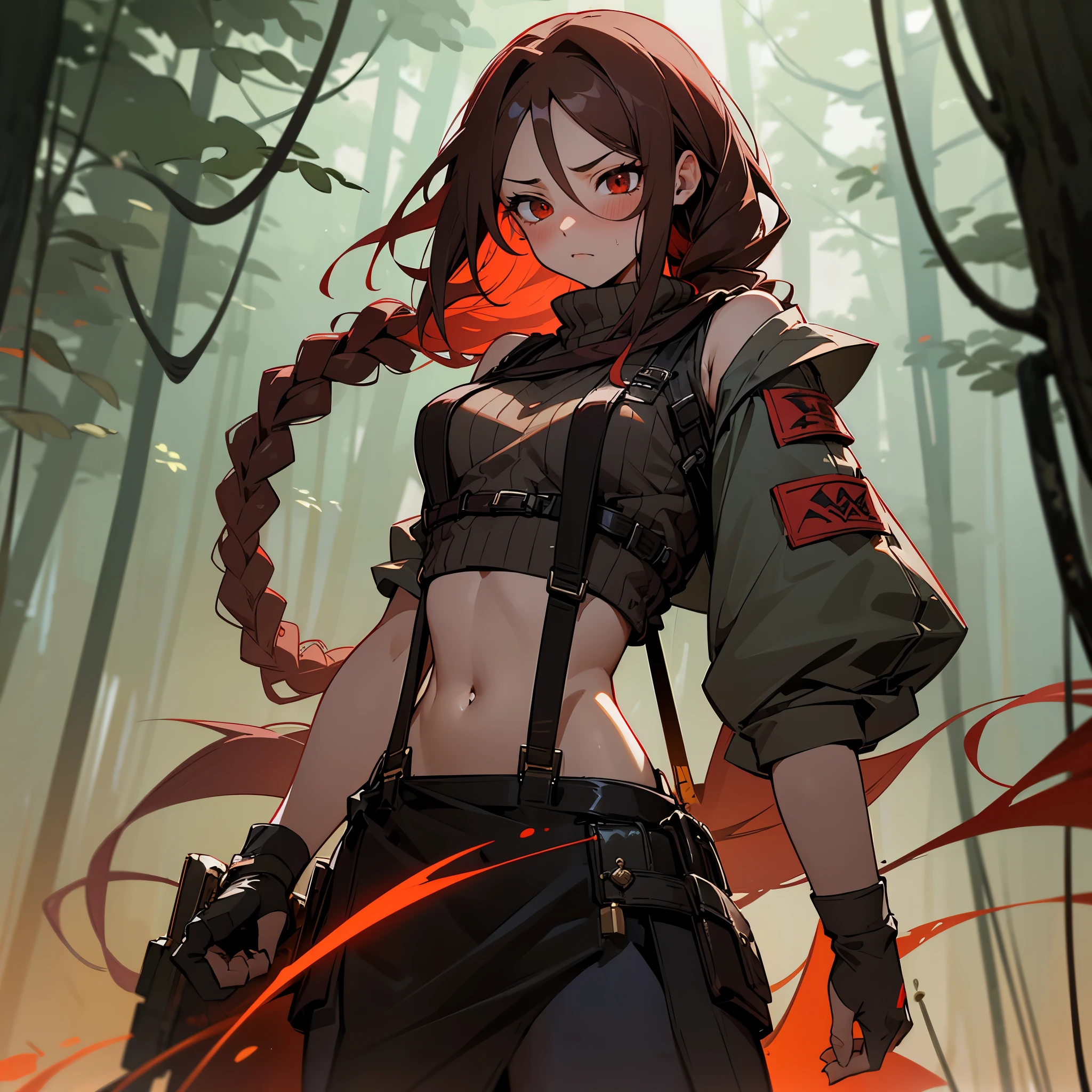 1female, sexy, young adult, finely detailed red eyes, wild long hair, braided hair, dark brown color hair, adventurer gear, suspenders, sleeveless crop top sweater, baggy combat skirt, night time, dark forest, somber expression, flowers, blushing, standing on path, lanturns, black armband, mma gloves