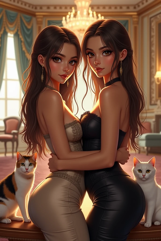 Generates a 2 girl with long brown hair, straight and brown eyes, with a corset and modern flirty style, accompanied by her white cat and her tricolor cat in a large and beautiful room
