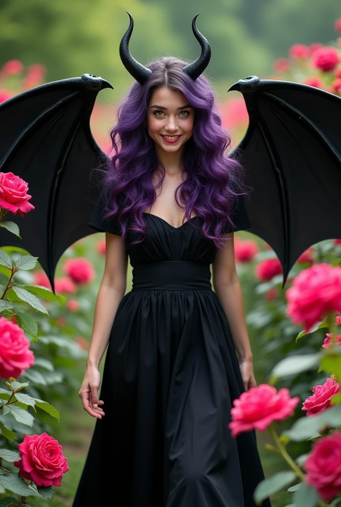 a photo: of a 2 woman, long dark purple curly hair with two tiny black horns surrounding a sweet face with bright yellow eyes filled with joy. From behind his back protrude two large black demon wings.. she wears a black dress. she walks in a rose garden 
