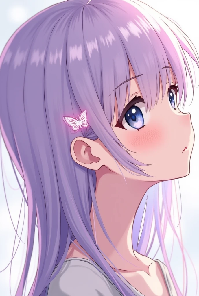 Anime girl with hair lila show a small piercing un the ear earring with form of butterfly hélix so shine and white of 5 mm (so small) in the ear