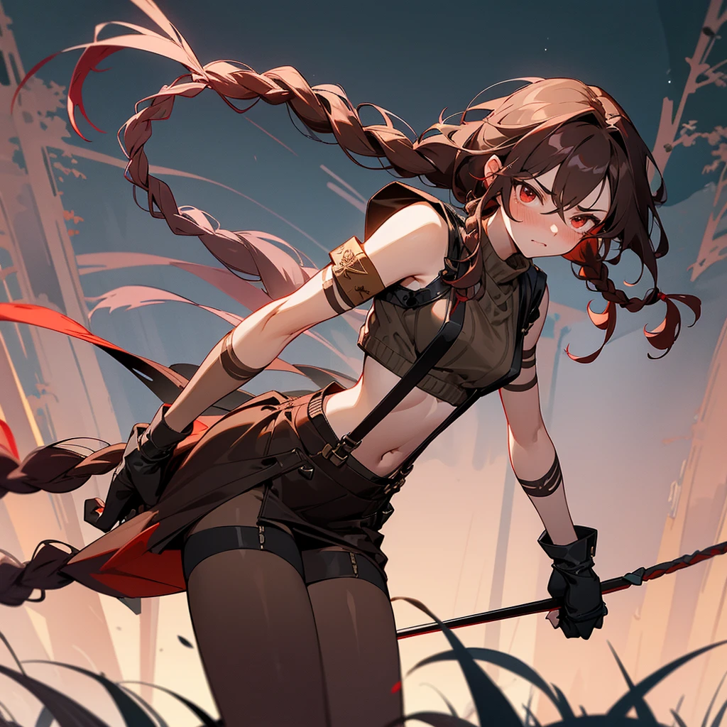 1female, sexy, young adult, finely detailed red eyes, wild long hair, braided hair, dark brown color hair, adventurer gear, suspenders, sleeveless crop top sweater, baggy combat skirt, night time, dark forest, somber expression, flowers, blushing, standing on path, lanturns, black armband, mma gloves