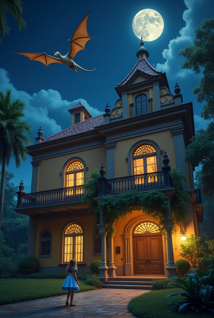 historical brazilian house, dragons flying at the night sky and alice of wonderlan playing
