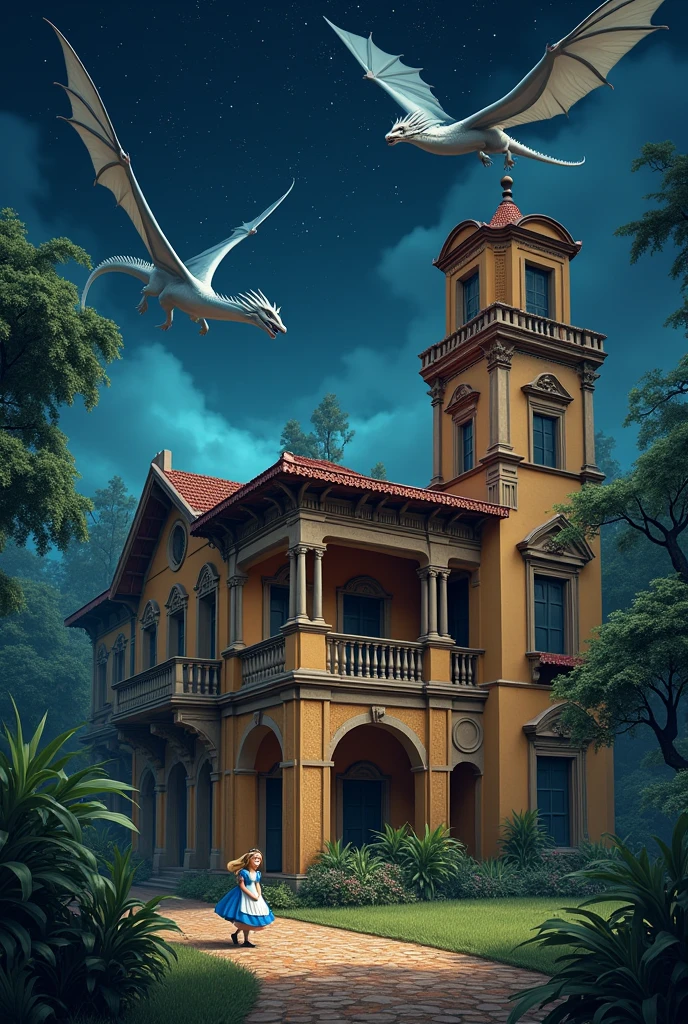 historical brazilian house, dragons flying at the night sky and alice of wonderlan playing
