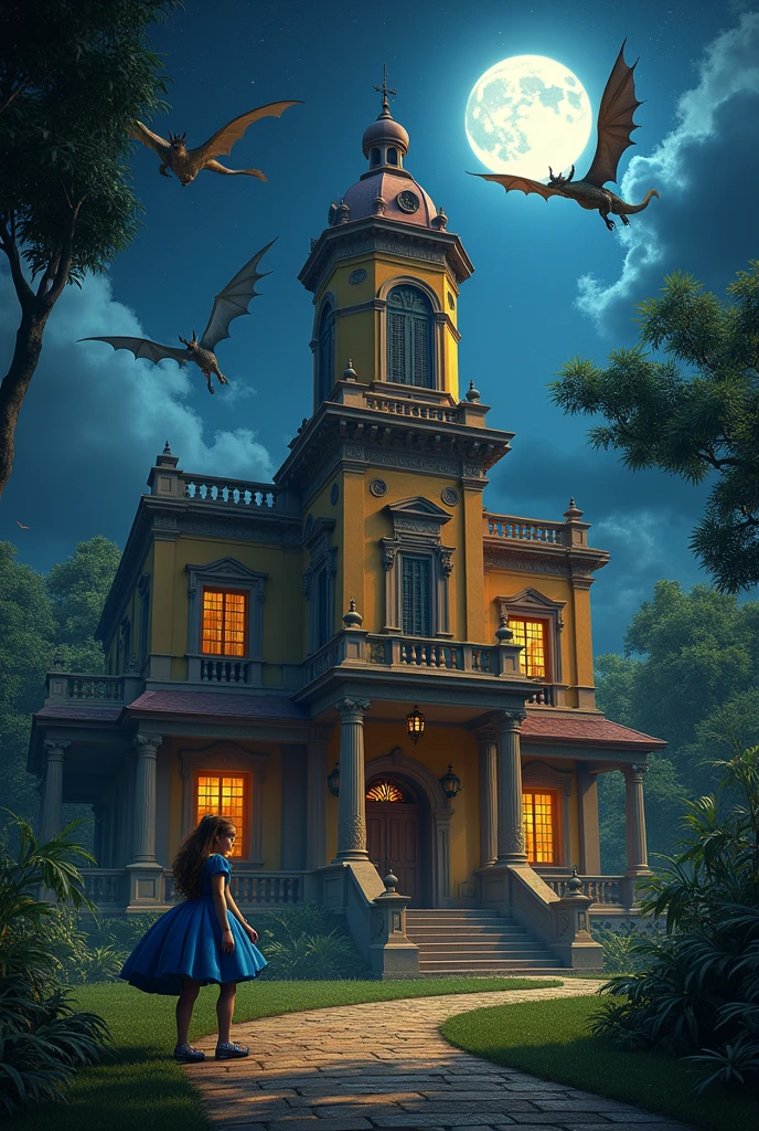 historical brazilian house, dragons flying at the night sky and alice of wonderlan playing