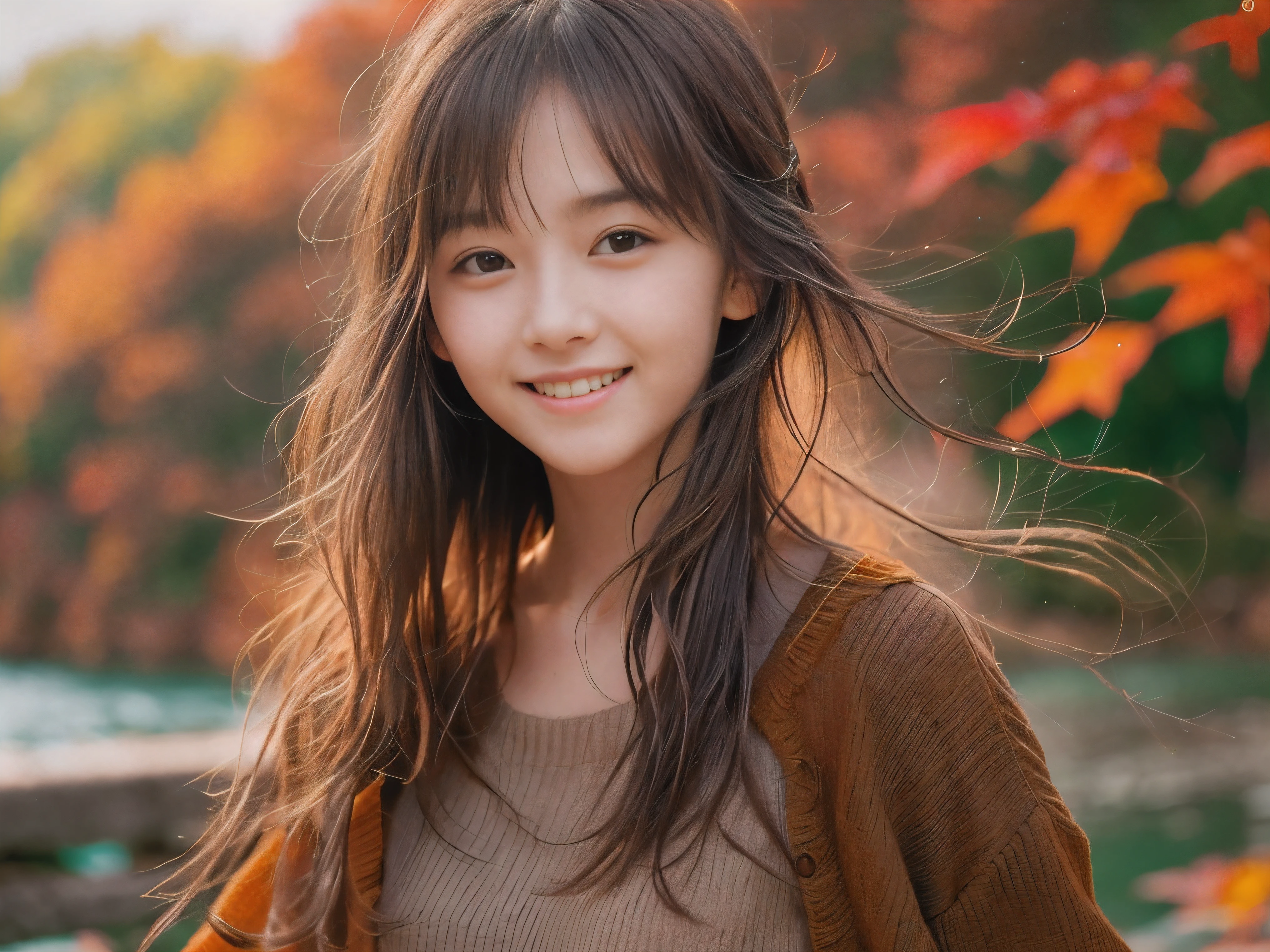 (Close up face shot of one slender small breasts half up brown long hair with bangs girl in a long sleeves shirt and sweater and skirt:1.5)、(One girl is dancing with happy smile on the dart road near the lake and big waterfall in Japan:1.5)、(Beautiful autumn red leaves landscpe:1.5)、(Natural light:1.5)、(8k ultra detailed master piece:1.5)、(perfect anatomy:1.5)、(Photorealistic stick:1.5)、(Raw photo:1.3)、(highest quality:1.5)、(High resolution:1.3)、(Delicate and beautiful perfect face:1.3)、(Delicate and beautiful eye air skin:1.3)、(Real Human Skin:1.3)、((thin legs))