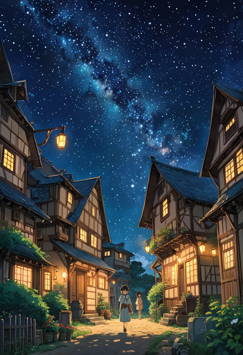 Studio Ghibli-style anime movies, Movie stills, Highest quality, masterpiece, Representative works, Official Art, Professional, Super intricate details, 8k, Fantasy,Starry Sky