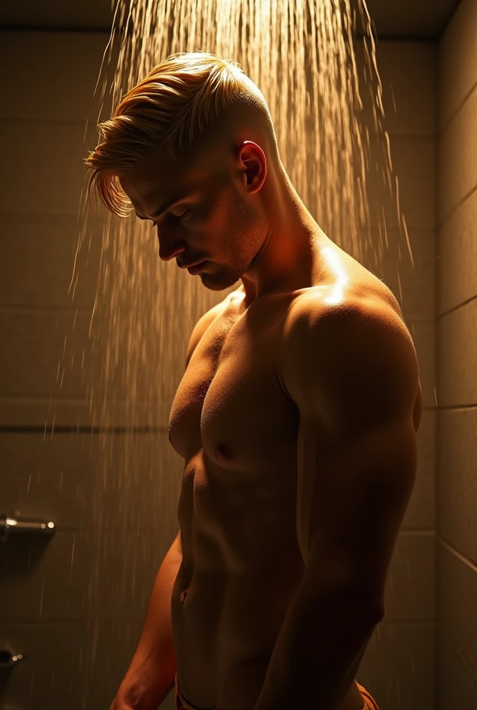 a blonde man taking a shower completely naked,detailed realistic nude male body,highly detailed skin texture,dramatic lighting,photorealistic,intricate details,chiaroscuro,cinematic composition,dramatic shadows,warm color tones