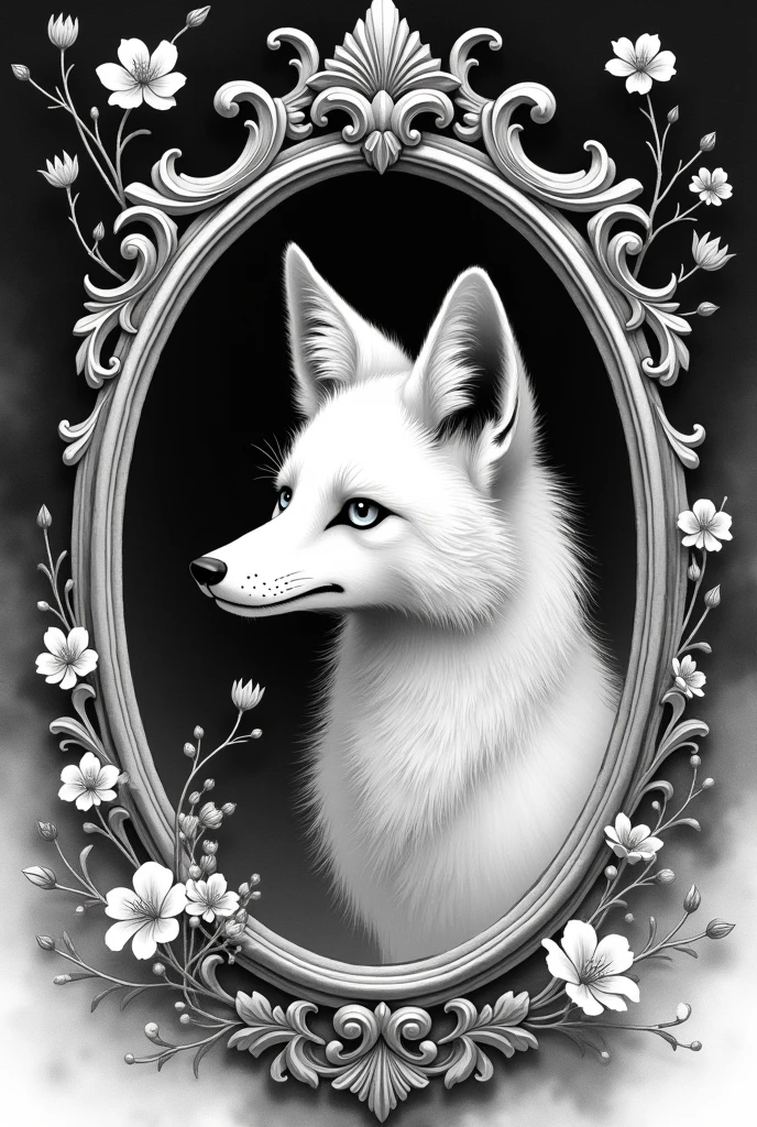 Profile of a Japanese fox inside an antique mirror frame, with oriental flowers of death around the entire frame. In black and white with sensual lines