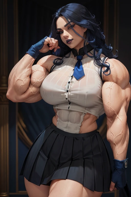 ((Close-up)), tall, (royal blue hair) beautiful muscular woman, long curly wavy hair, pale white skinned, closed smile, (black lipstick), (massive muscles), (hyper muscle), (ginormous bulky muscles), white eyes, (((sleeveless royal blue pleated shirt))), ((long black pleated skirt)), (fingerless gloves), necktie, boots, on a skyscraper,