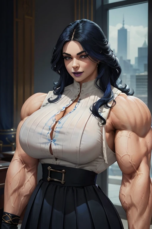 ((Close-up)), tall, (royal blue hair) beautiful muscular woman, long curly wavy hair, pale white skinned, closed smile, (black lipstick), (massive muscles), (hyper muscle), (ginormous bulky muscles), white eyes, (((sleeveless royal blue pleated shirt))), ((long black pleated skirt)), (fingerless gloves), necktie, boots, on a skyscraper,