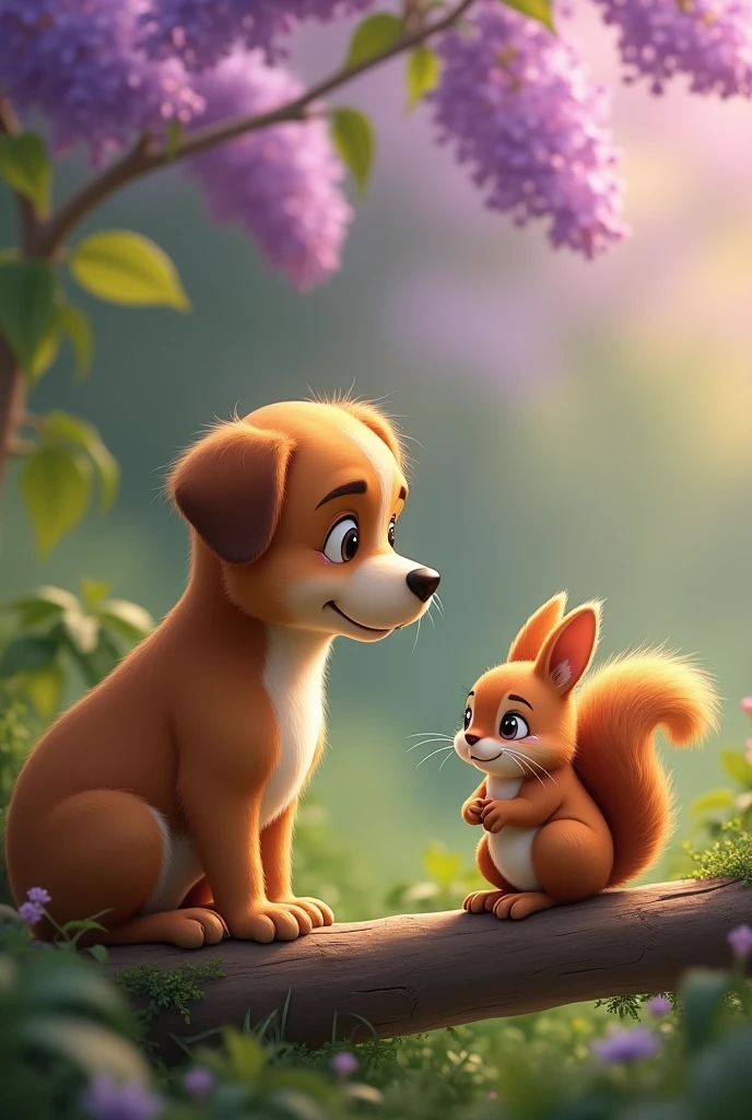 The dog looking at lilac the little squirrel who was crying on a low branch the squirrel was crying