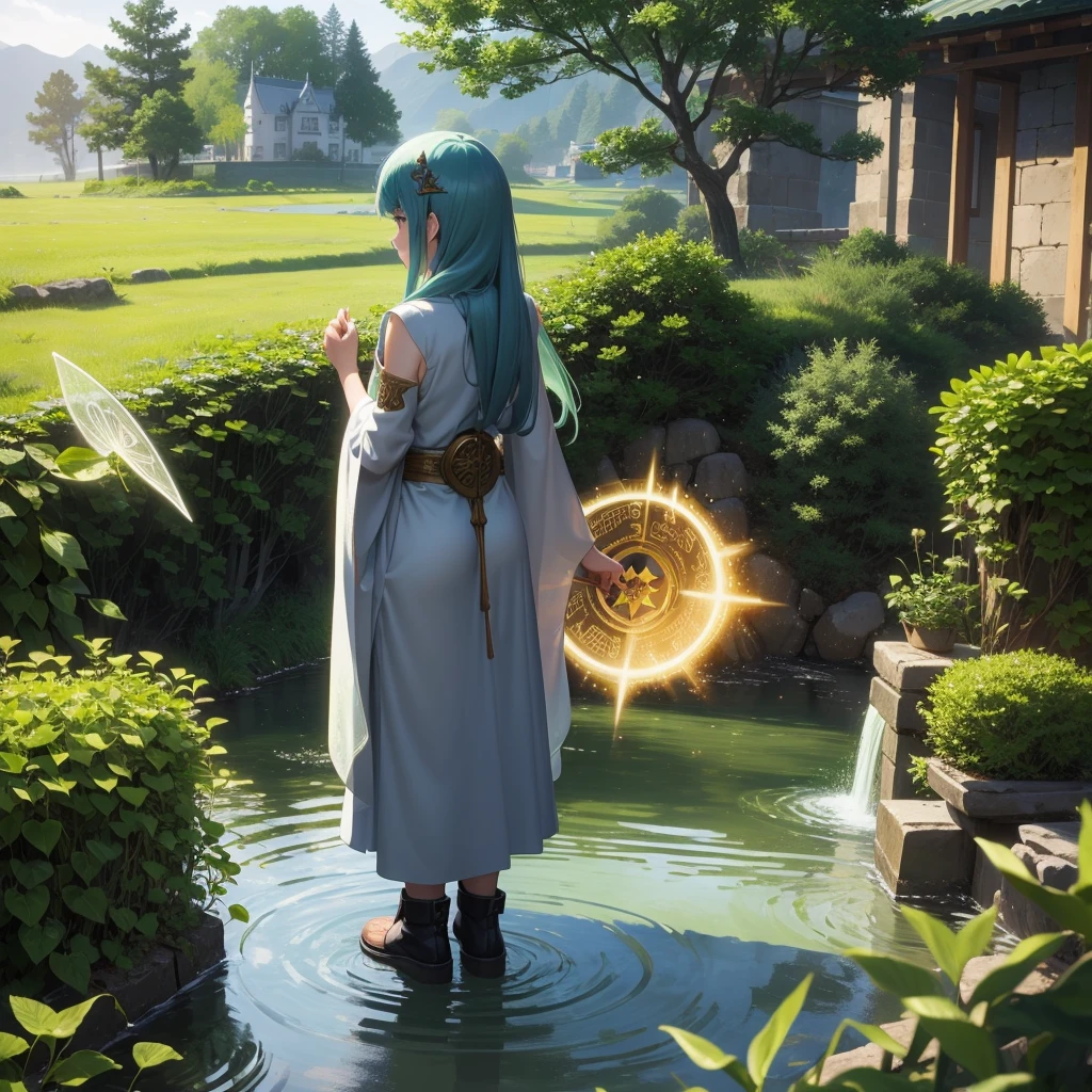 Highest quality、Transparent drawing、Girl standing in a Celtic castle by a lake。Celtic mythological priestess in long dress、House of Taiki、There are fairies flying around、