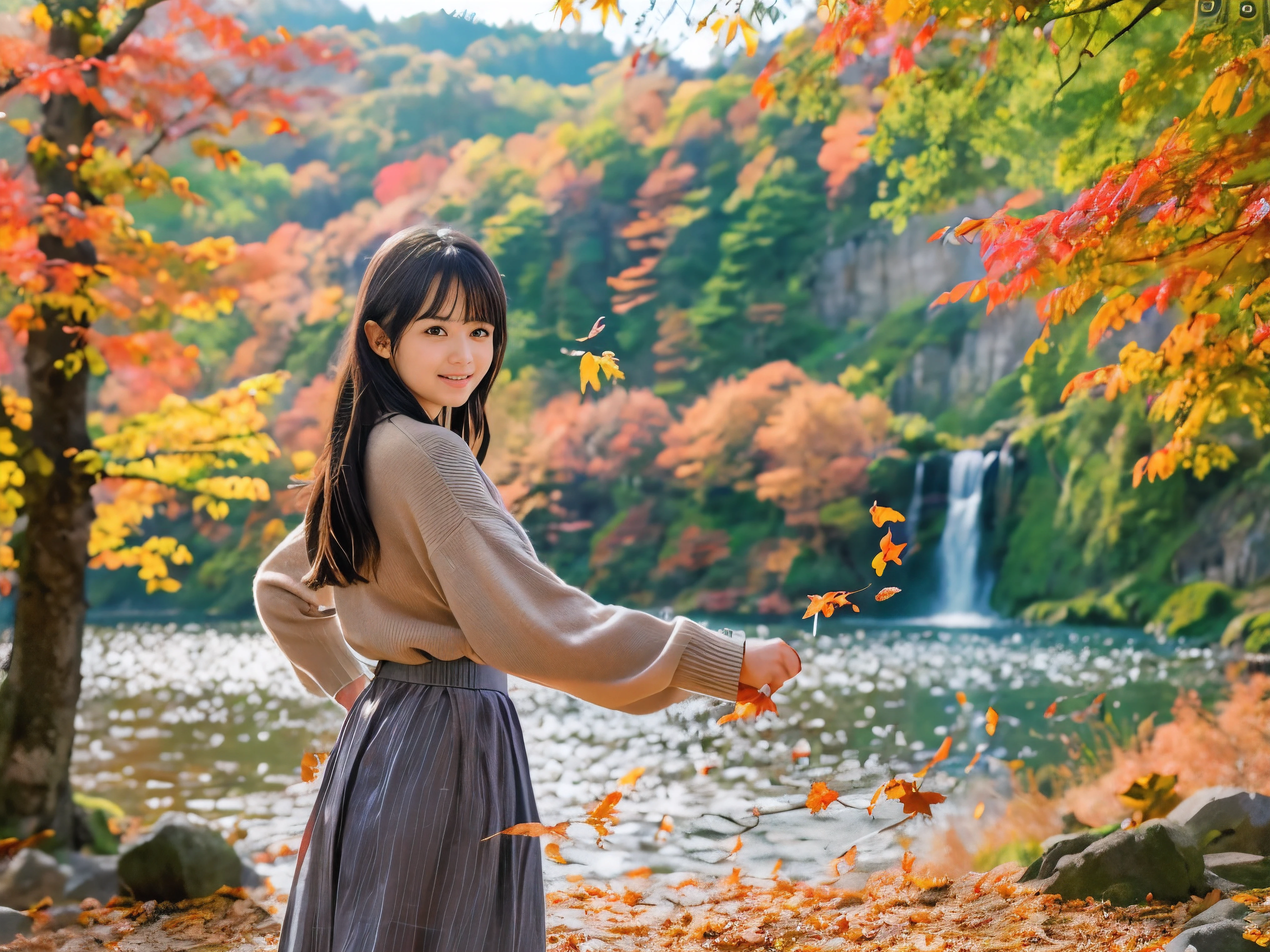 (Close up face shot of one slender small breasts dark silver long hair with swept bangs girl in a long sleeves shirt and sweater and skirt:1.5)、(One girl is dancing with happy smile on the dart road near the lake and big waterfall in Japan:1.5)、(Beautiful autumn red leaves landscape:1.5)、(Natural light:1.5)、(8k ultra detailed master piece:1.5)、(perfect anatomy:1.5)、(Photorealistic stick:1.5)、(Raw photo:1.3)、(highest quality:1.5)、(High resolution:1.3)、(Delicate and beautiful perfect face:1.3)、(Delicate and beautiful eye air skin:1.3)、(Real Human Skin:1.3)、((thin legs))