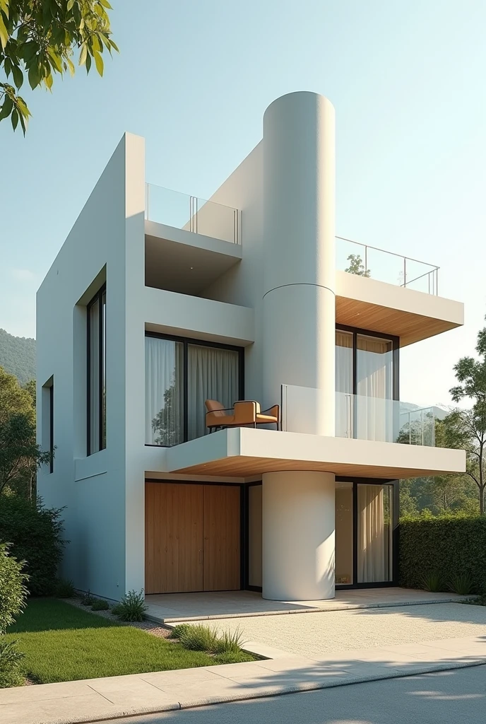 House with 3 different geometric cylinder shapes, square and rectangle