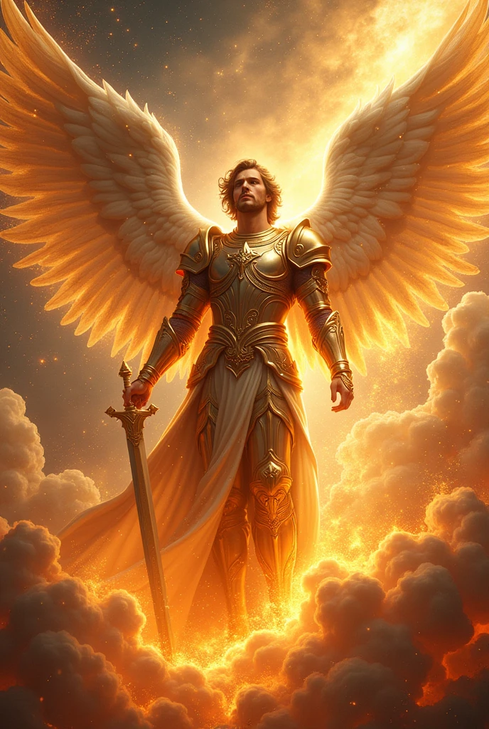 The angel Michael with a bright drawn sword and with fire in a space will sew with millions of lights and exuberant stars, dressed in imposing armor with a close-up capturing the harmonious beauty shining and the flames and natural lights, showing great power and glory for God