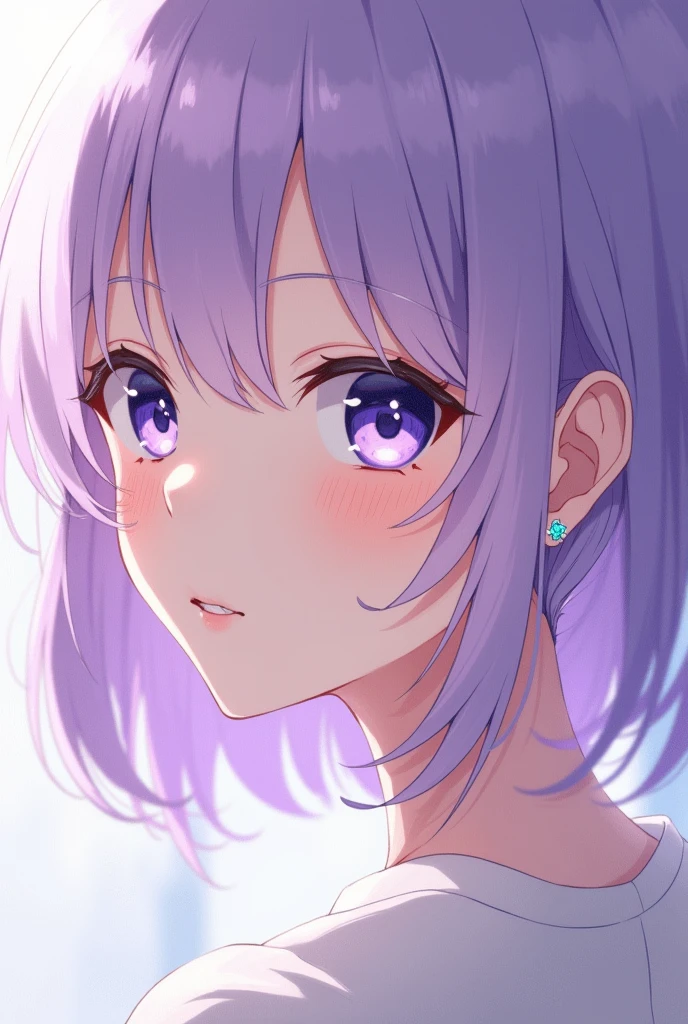 Anime girl with hair lila show a small piercing un the ear with form of butterfly hélix so shine and white of 5 mm (so small) in the ear