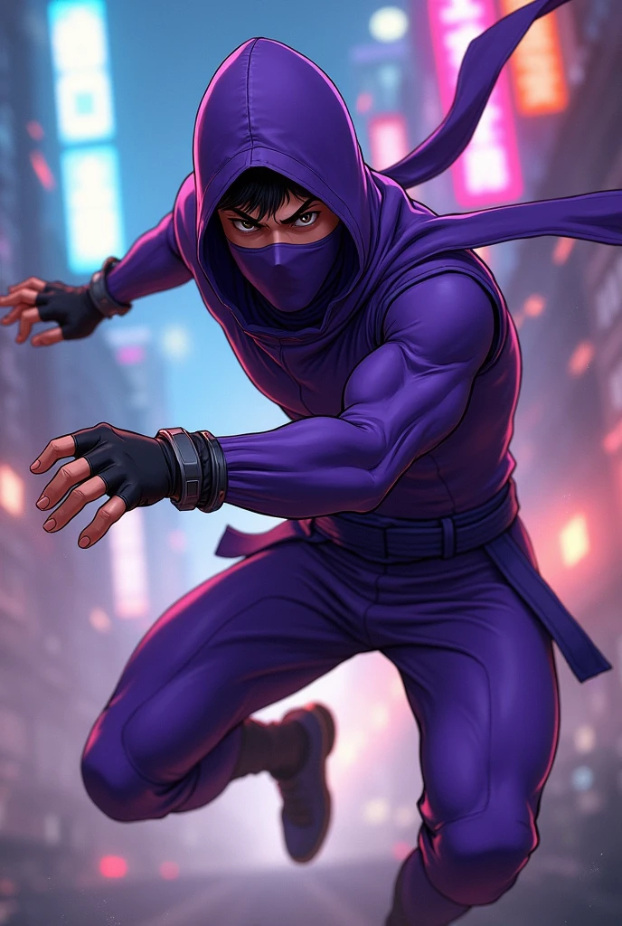  A male gamer ninja in purple clothes,anime styling