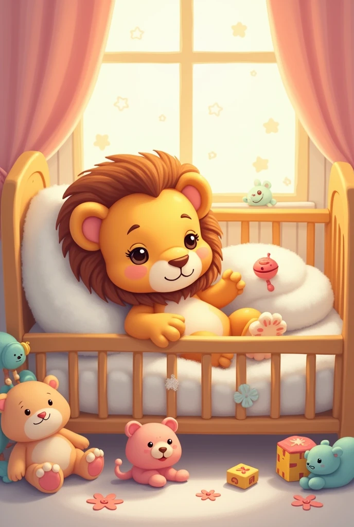 Pastel colored cartoon of a cute little lion with his toys inside his crib
