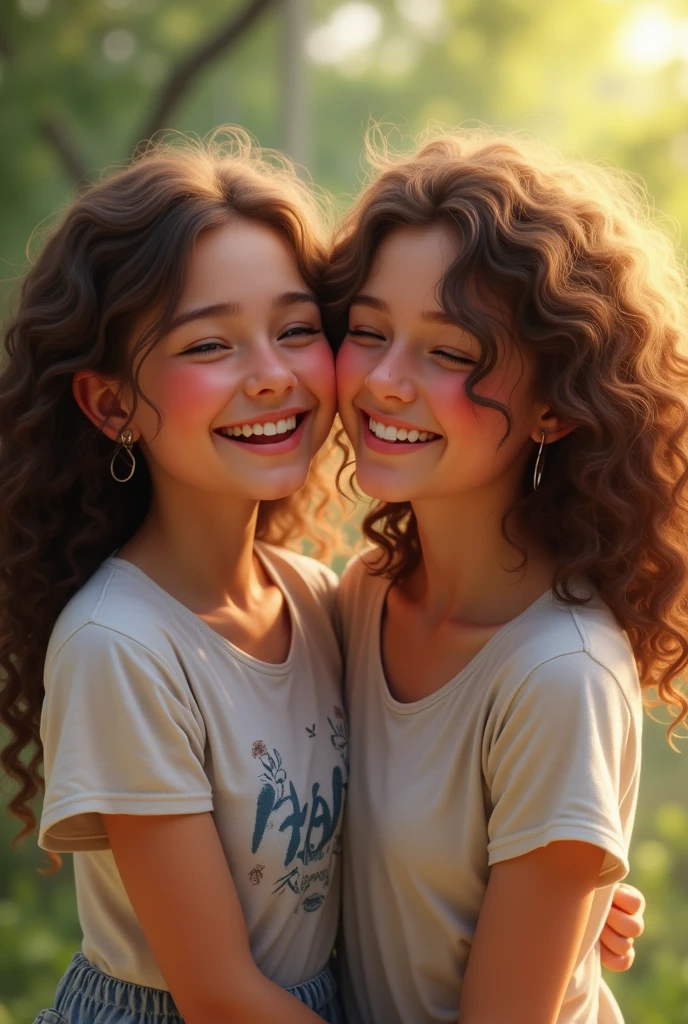 realistic teenage girl with curly brown hair and white skin laughing with her sister